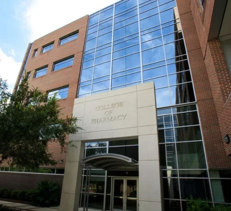 The front side of UF's College of Pharmacy building