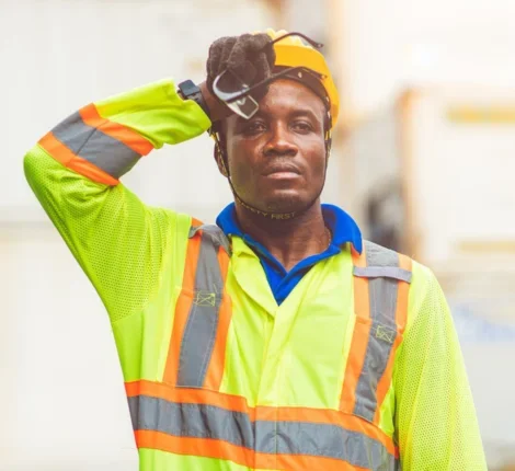 Construction work sweating from harsh sunlight