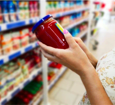 Shopper reading label of spaghetti sauce jar in grocery store.